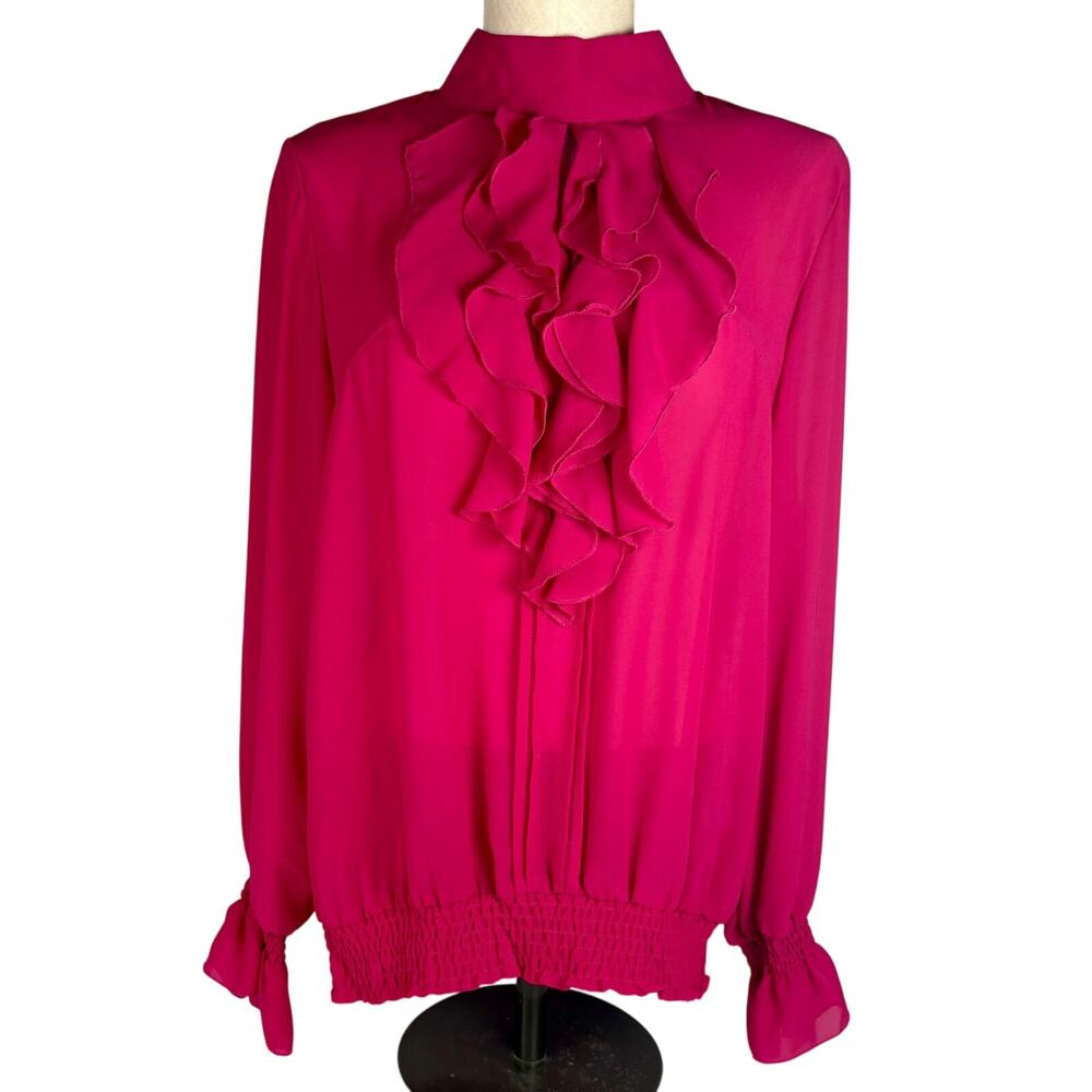 90s Frilly Ruffle Blouse Fuchsia Pink Top SIZE 16 Crepe Whimsicore Flowy Fairy